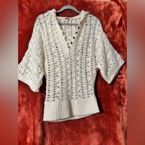 Free People Ivory  V-Neck BoHo Wool Blend Cozy Hooded  Sweater Size Small